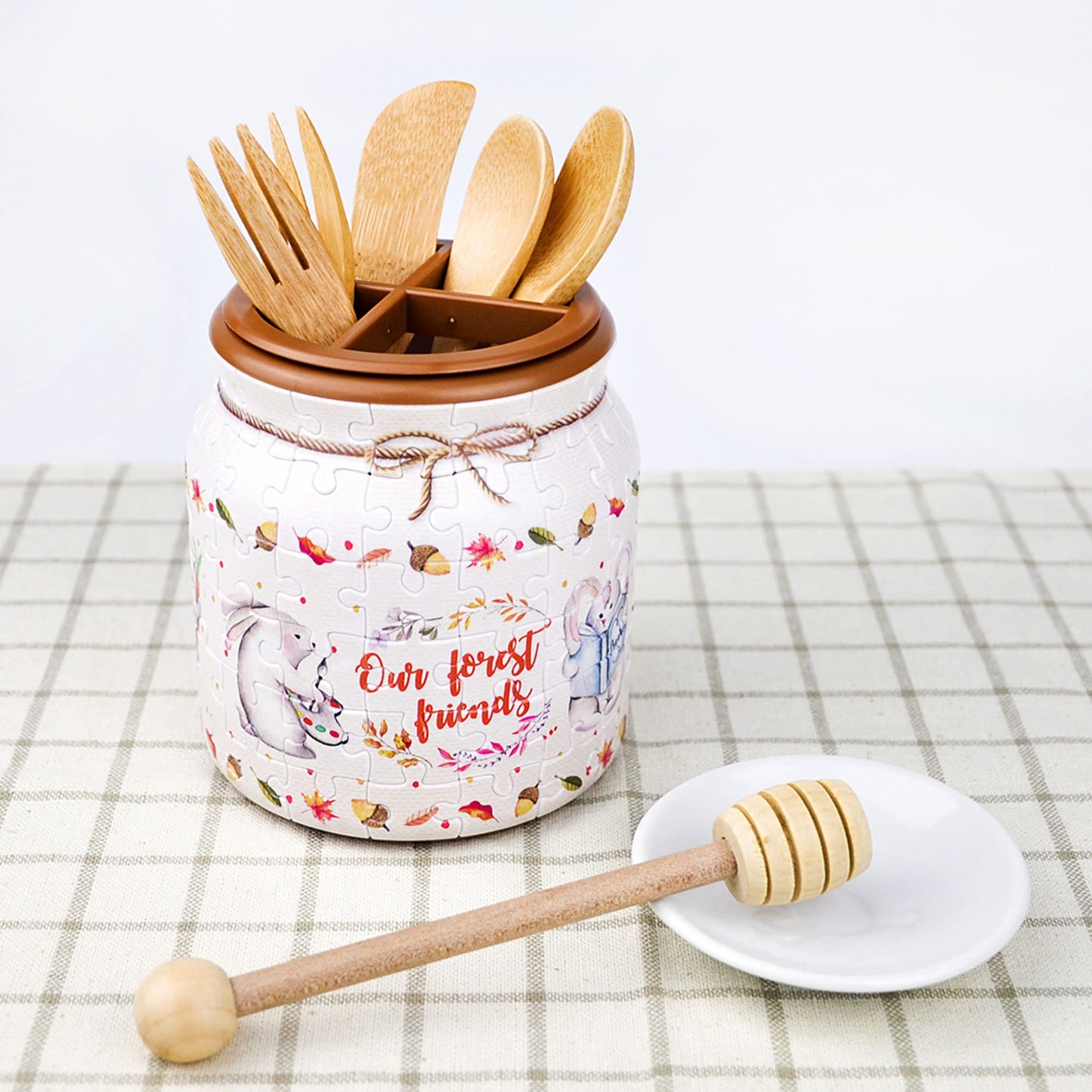 Pintoo 3D Puzzle Jar 96 Plastic Pieces For Adults - Rabbit And Squirrel - Use Includes Divider As Pen And Utensils Holder With Wooden Lid For Kitchen Dining Study Living Room Large [Bb1002]