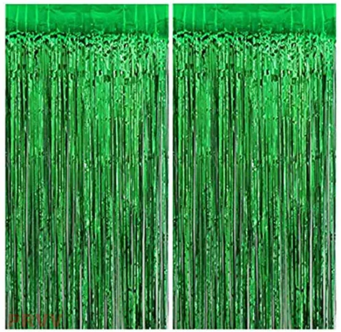Prvv Pack Of 2 Pcs, 3 X 6 Feet Each, Green Foil Fringe Tinsel Metallic Backdrop Curtains For Birthday Decoration Wedding Engagem