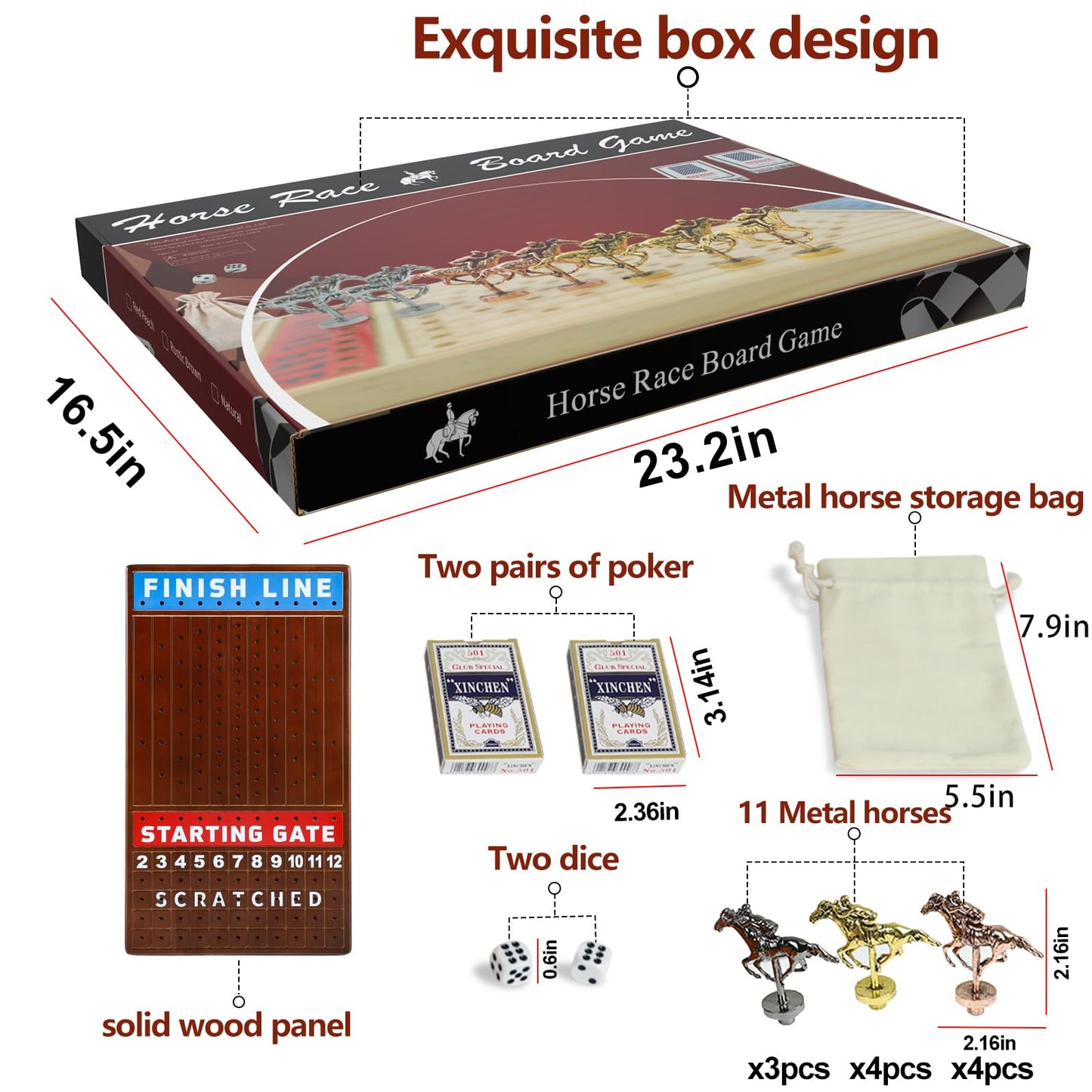 Grhonior 21 Inches Horse Racing Board Game Wooden Finish Line Race Horse for Family and mature-themed Party with 11 Metal Horses Classic Card and Dice Horse Track Tabletop Game Nights