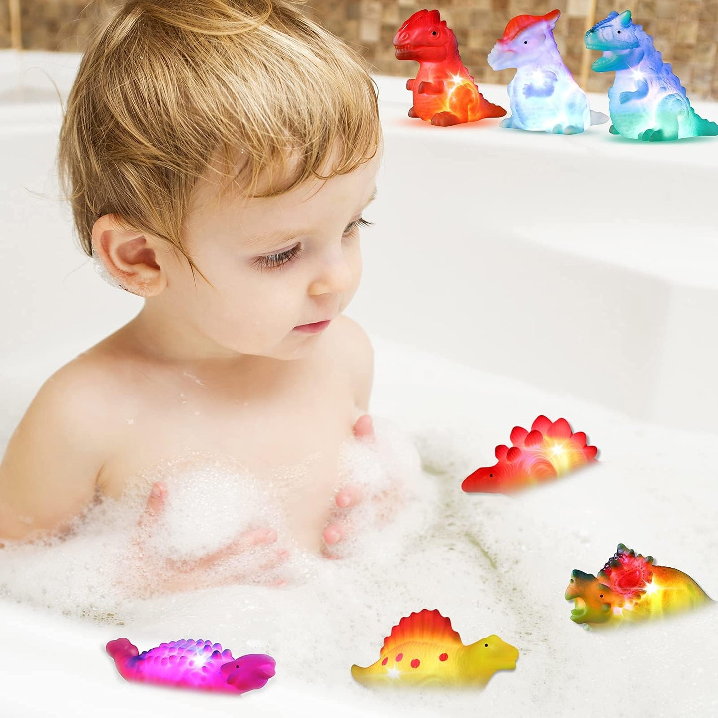 Bakatatoyz 8 Pack Light Up Dinosaur Bath Toys, Color Changing, Small, Multicolored, Floating Pool Toy for Kids and Toddlers