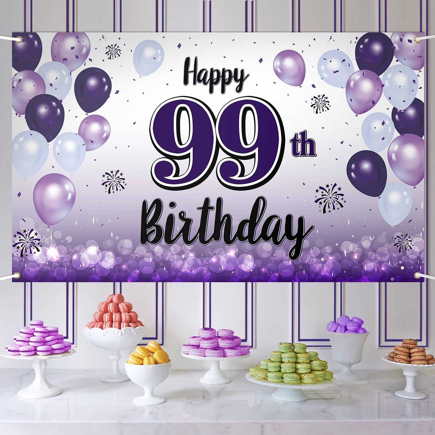 LASKYER Happy 99th Birthday Decorations,99th Purple Balloon Large Birthday Banner Backdrop Sign,99 Years Old Bday Party Supplies