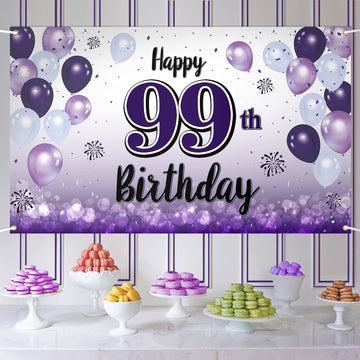 LASKYER Happy 99th Birthday Decorations,99th Purple Balloon Large Birthday Banner Backdrop Sign,99 Years Old Bday Party Supplies