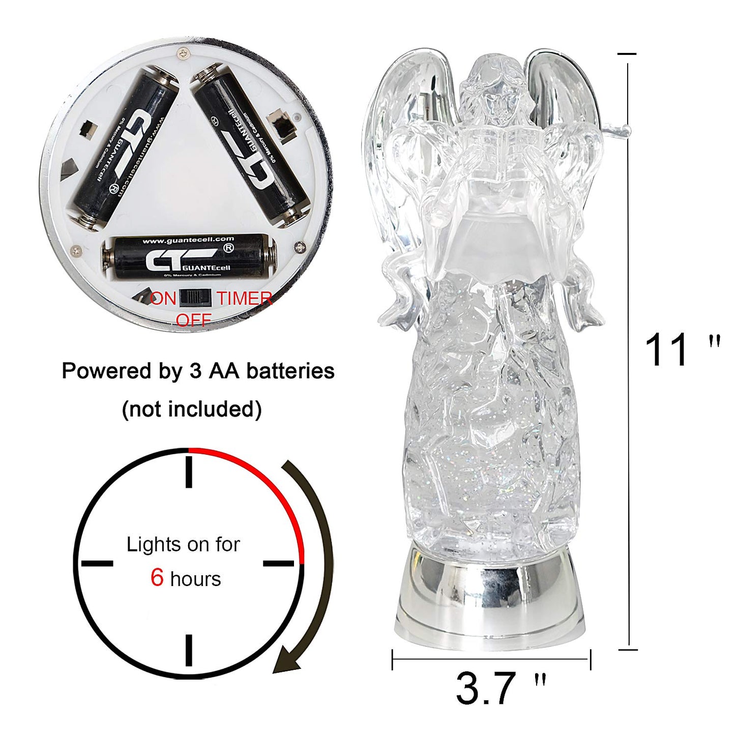 Eldnacele Snow Globe Angel, Lighted Water Glittering Swirling Crystal Angel Statue(Timer), Battery Operated Sparkling Multi-Colo