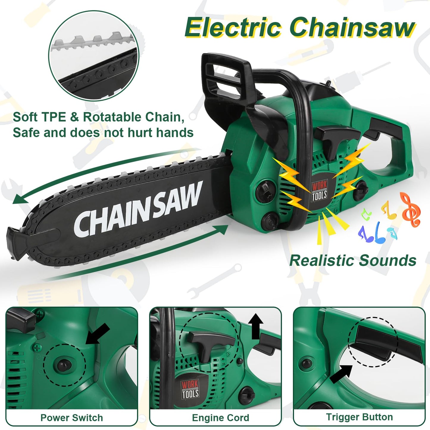 Vextronic Kids Tool Set 36 PCS with Electric Toy Chainsaw Drill Circular Saw with Realistic Sounds, Toy Tool Set for Toddlers 3