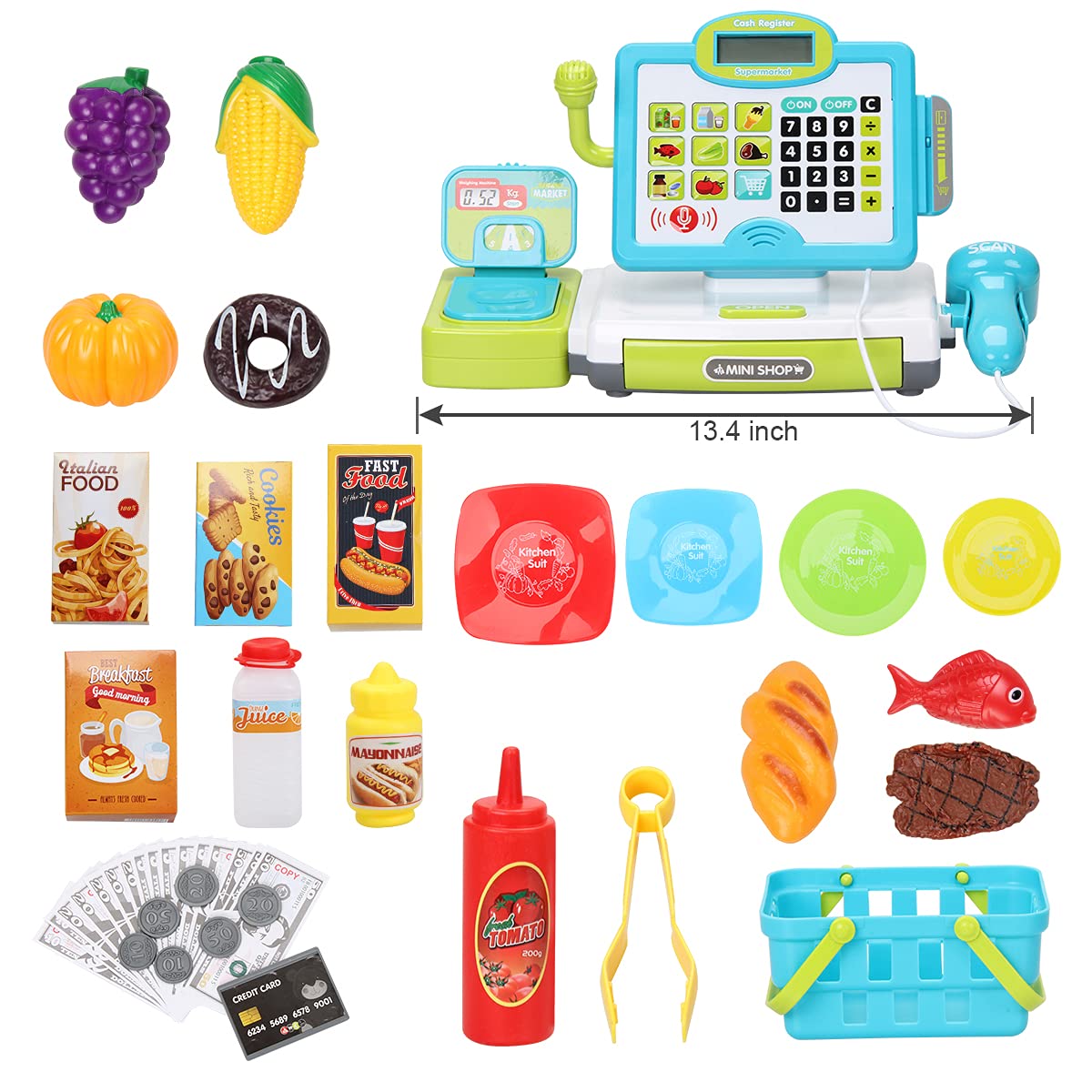 Fs Pretend Play Cash Register Toys With Scanner, Calculator, Large Drawer, Microphone, Play Food, Supermarket Cashier Register T