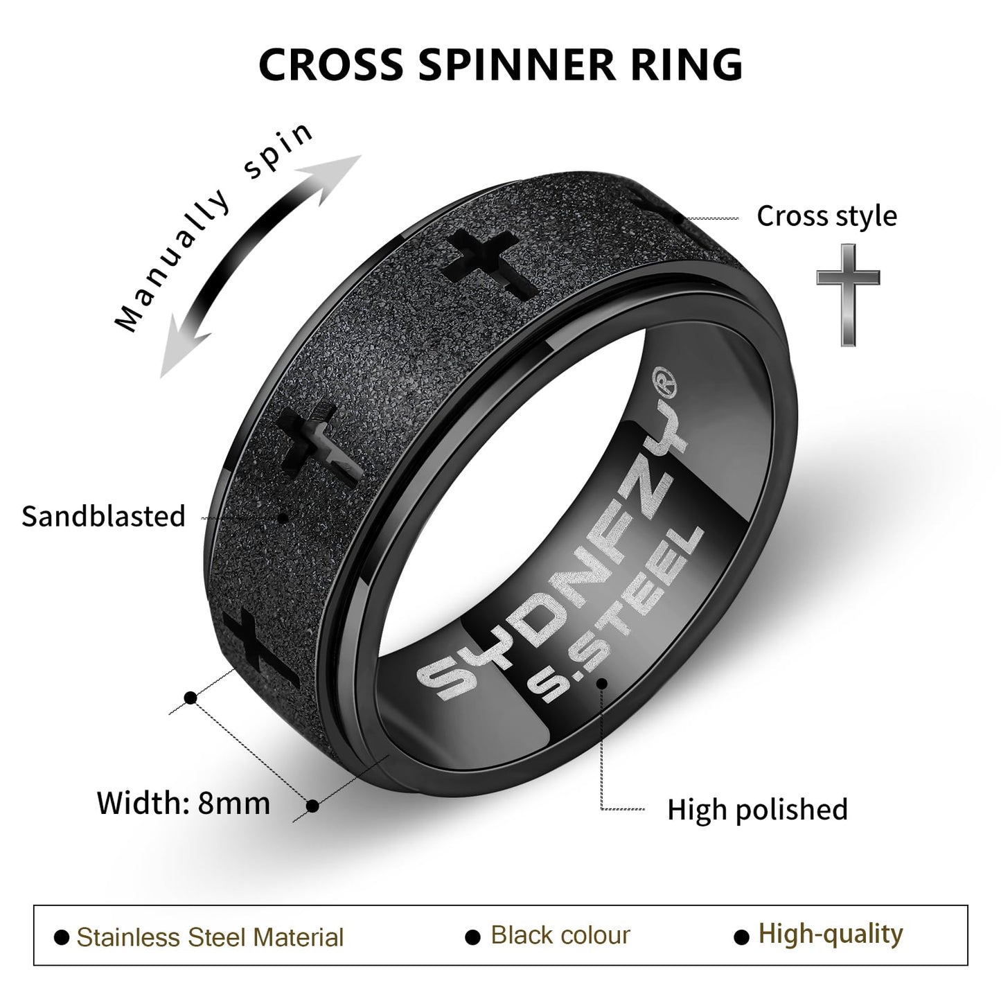 Anxiety Spinner Ring For Men - Stainless Steel Fidget Spinner Ring, Band Cross Thumb Roating Rings For Stress Relief 8Mm Anxiety