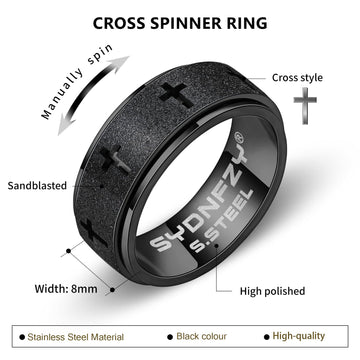 Anxiety Spinner Ring For Men - Stainless Steel Fidget Spinner Ring, Band Cross Thumb Roating Rings For Stress Relief 8Mm Anxiety