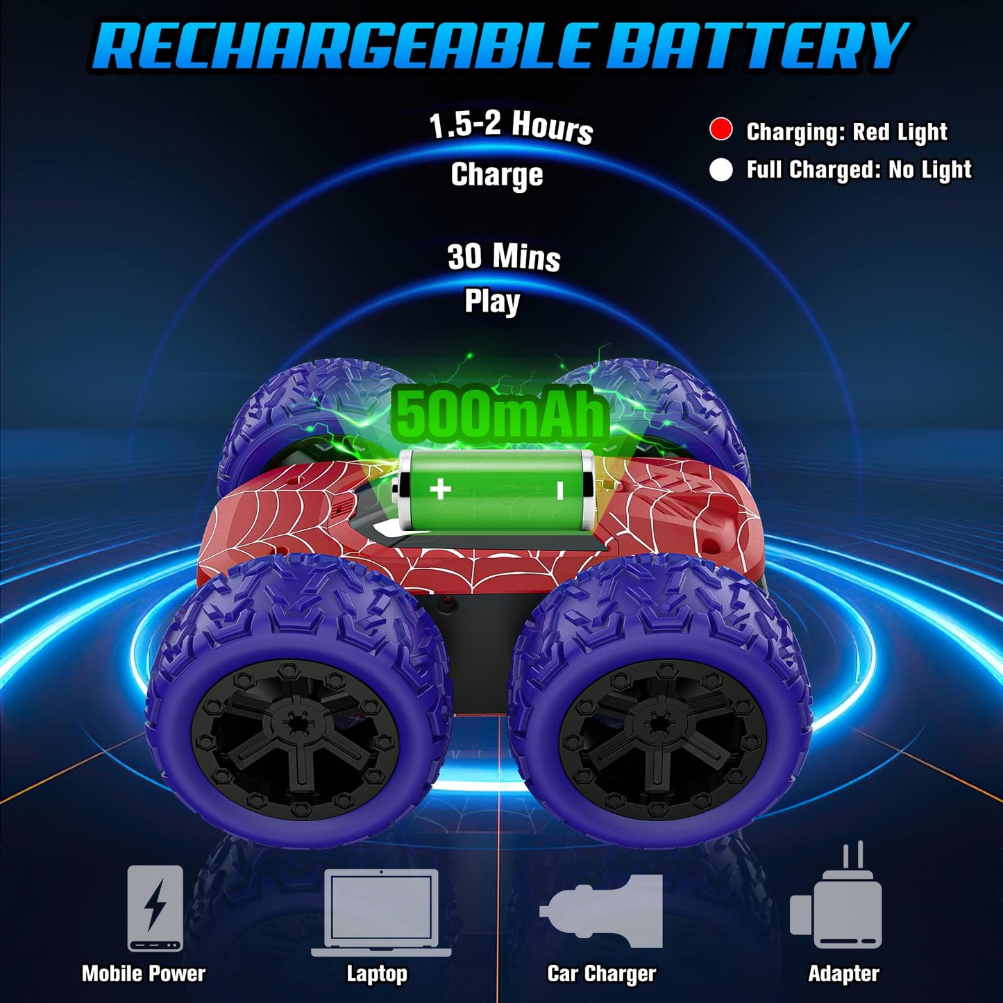 Remote Control Car for Boys, RC Cars for Kids with Colorful LED Lights, 2.4Ghz Double Sided 360 Flips 4WD Stunt Car, Rechargeabl
