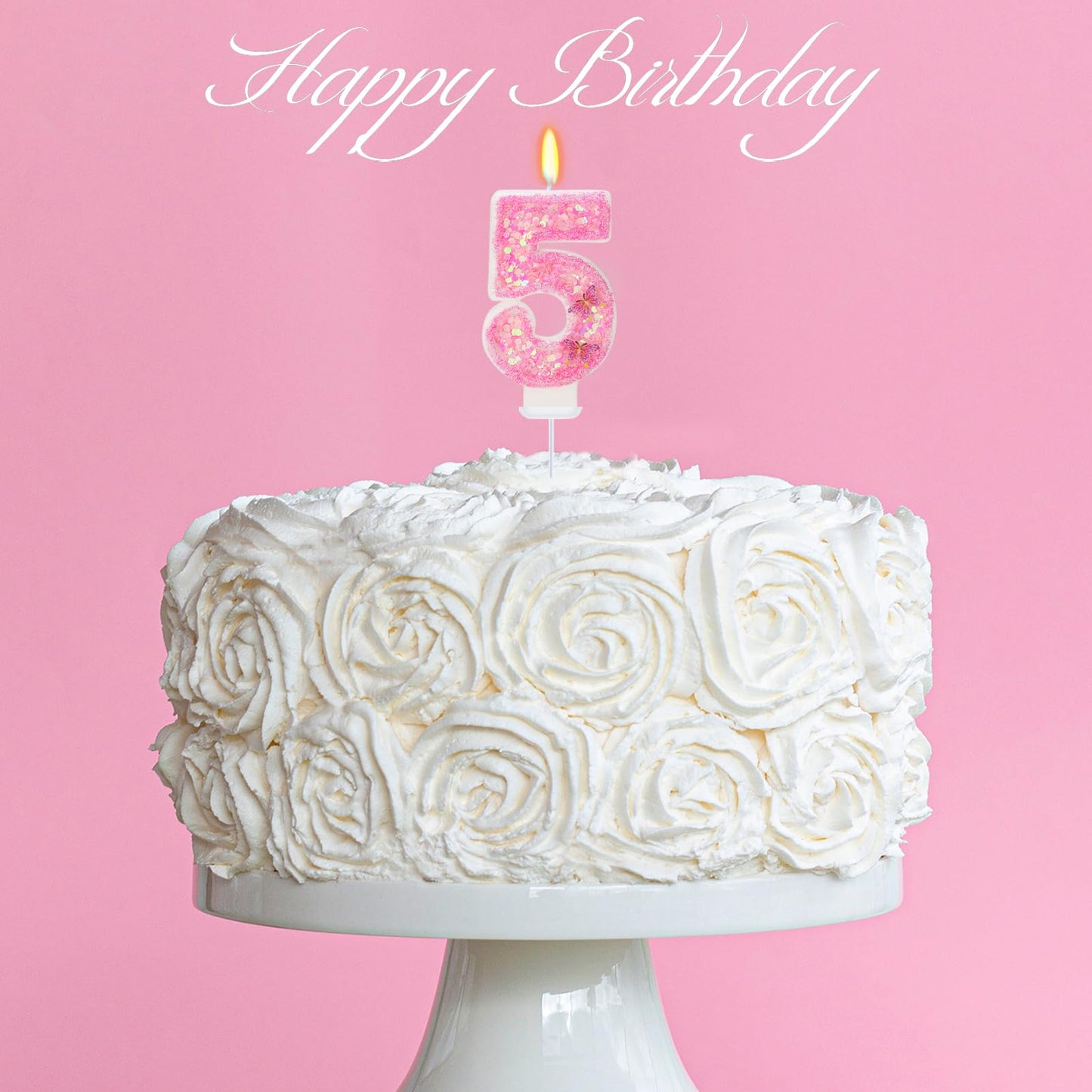 FAMGift Birthday Candles - Number 5 Pink Butterfly Cake Topper, Wax Material for Parties and Weddings