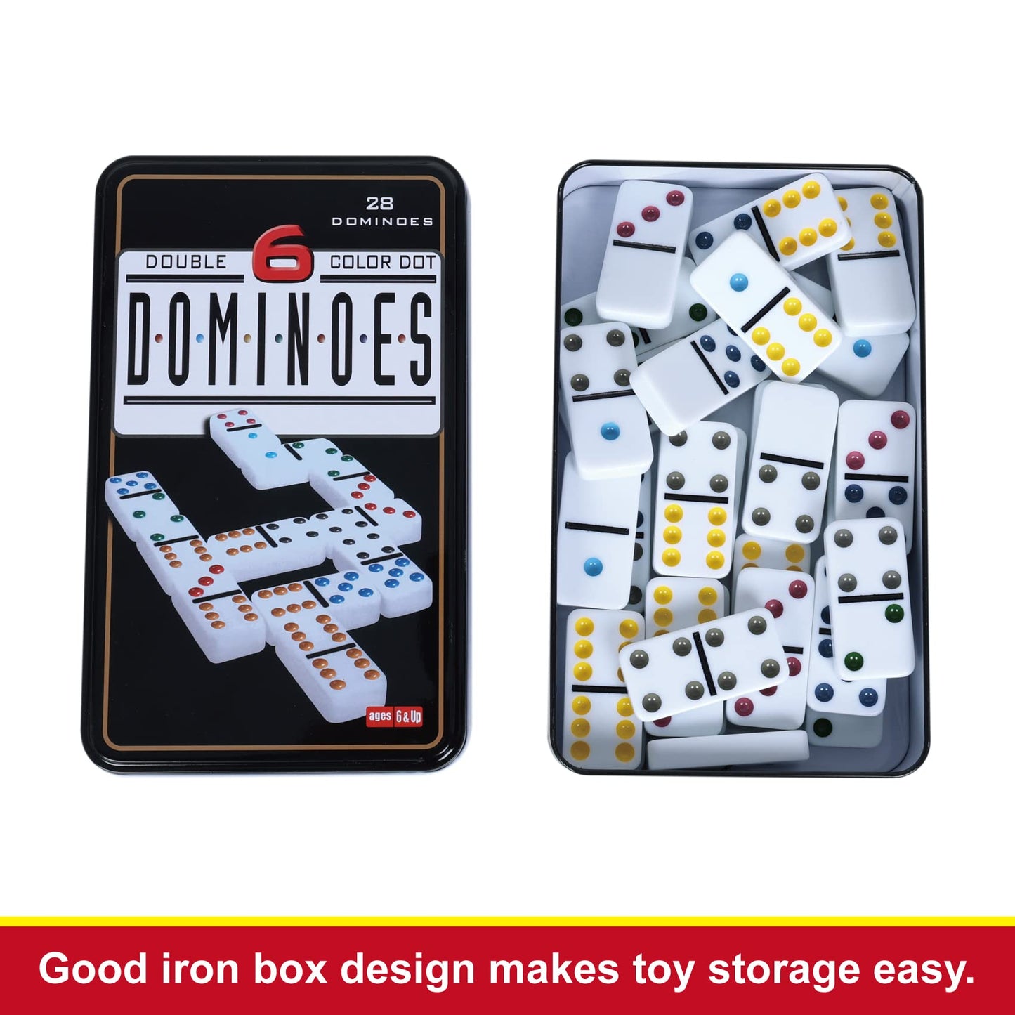 Offelec Double Six Dominoes, 28 Tile Colored Dots Domino Game Set With Tin Box, Classic Family Board Games For Kids, Adults And