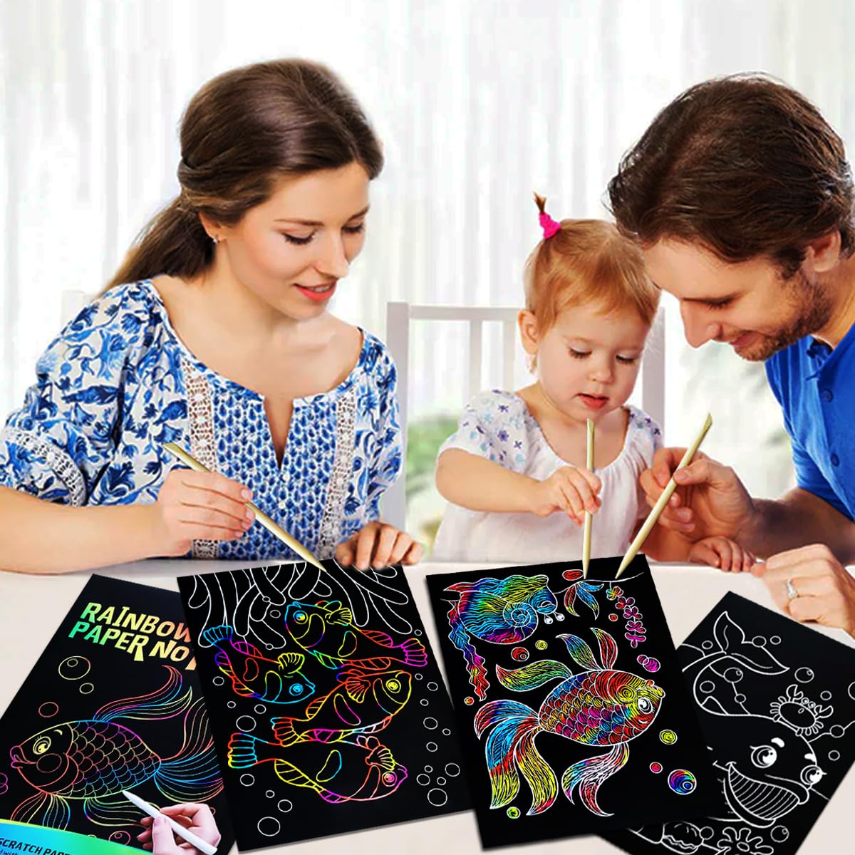 JUNQIU Scratch Art for Kids, Rainbow Scratch Paper Art Set - Ocean, Arts and Crafts for Kids Ages 4-8 Girls Boys, Kids Activity