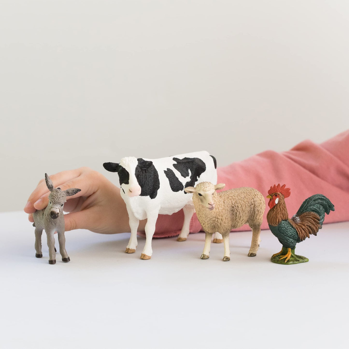 Schleich Farm World Starter Set - 4 Collectible Toy Farm Animals (Cow, Sheep, Donkey Foal, Rooster) - Multi - Model 42385 - Ages 3+