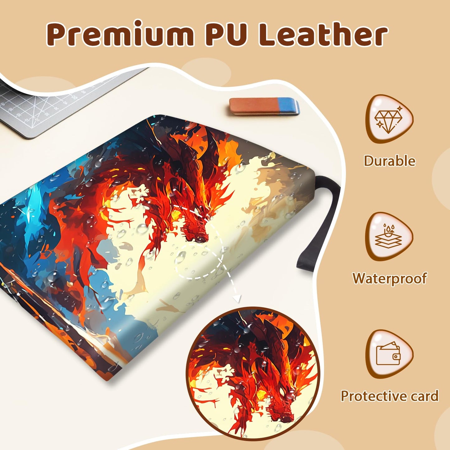 Wazzio Trading Card Storage Album  Card Binder with 50 Durable 9-Pocket Pages  Ice Fire Dragon Design on Pocket Card Packs  Gifts for Zipper Closure Collector's Album