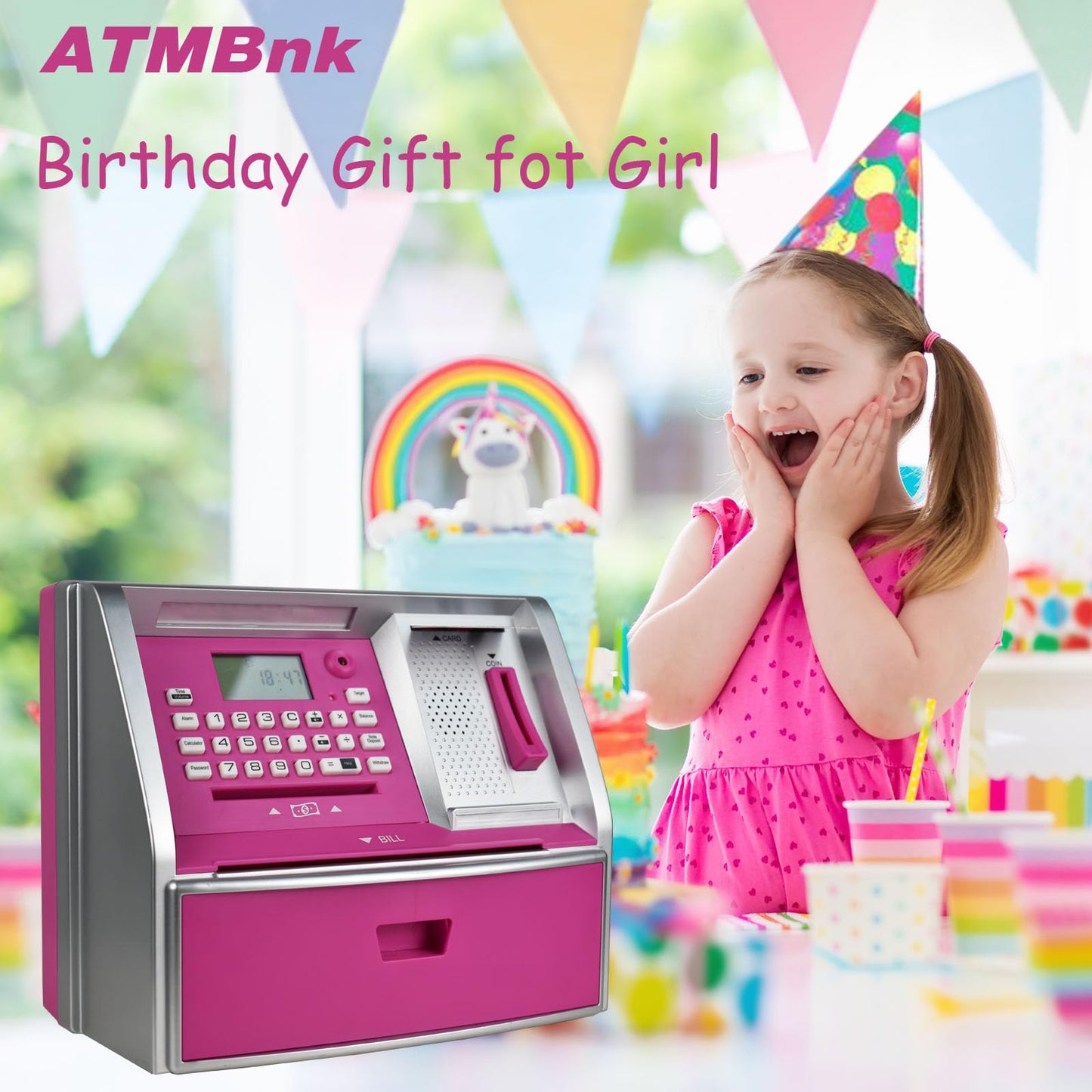 ATMBnk ATM Piggy Bank for Kids, Electronic Money Bank with Coin Counter, Card & Password, Mini ATM Machine Birthday Gift for Boy