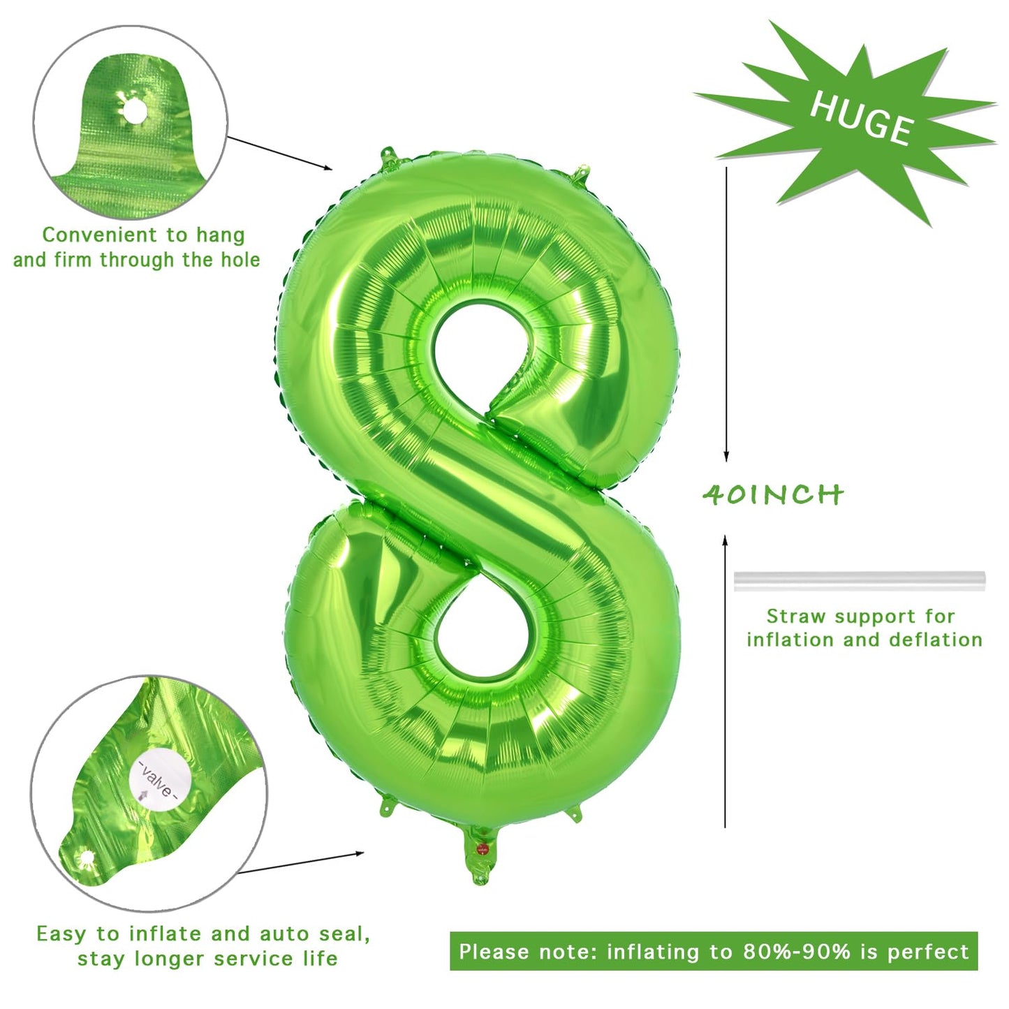 Vonokee 40 Inch Light Green Giant Number Balloons 8, Jumbo Digital Foil Mylar Balloon For Birthday Party Wedding Anniversary Cel