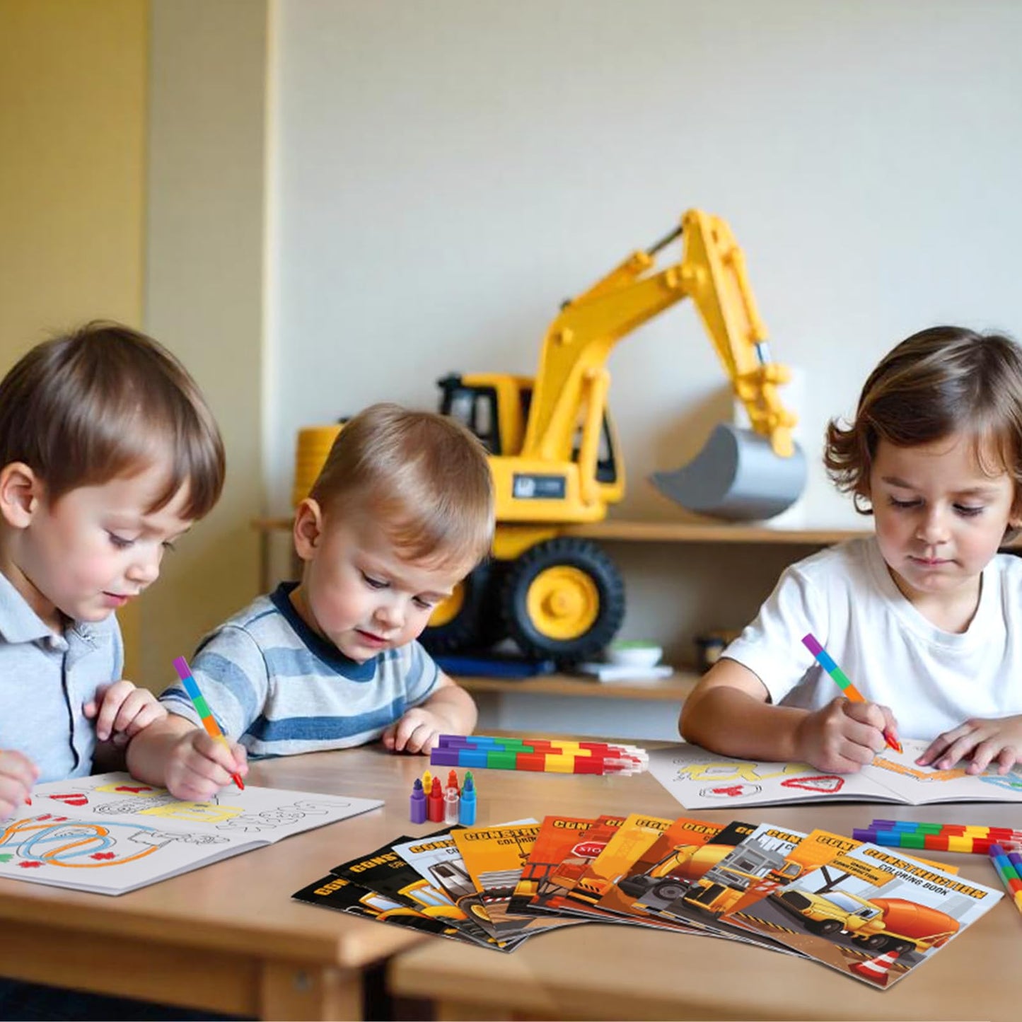 BenLouis 24 Construction Mini Coloring Books Kids with 24 Stacking Crayons Excavator Theme Party Favors Activity Books Bulk for