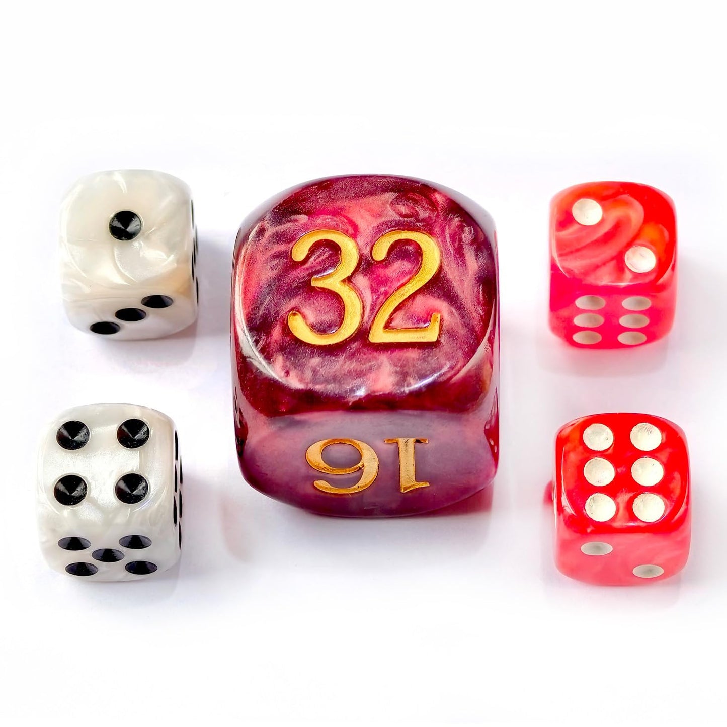5Pcs Set 30Mm Backgammon Pearl Dice Set - 30Mm (1 3/16'') Large Backgammon Doubling Cube Plus 4Pcs 16Mm Dice (Red/White Marbleiz