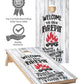 Cornhole Wraps #434 -Welcome To Our Firepit Cornhole Graphic Decals - Includes Application Squeegee - Set Of (2) 25'' X 49'' Wra