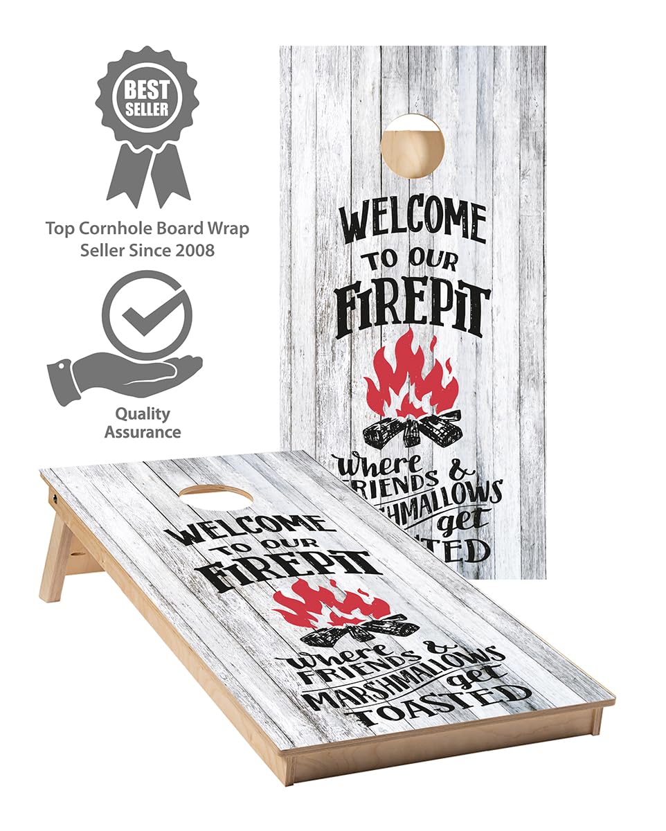 Cornhole Wraps #434 -Welcome To Our Firepit Cornhole Graphic Decals - Includes Application Squeegee - Set Of (2) 25'' X 49'' Wra