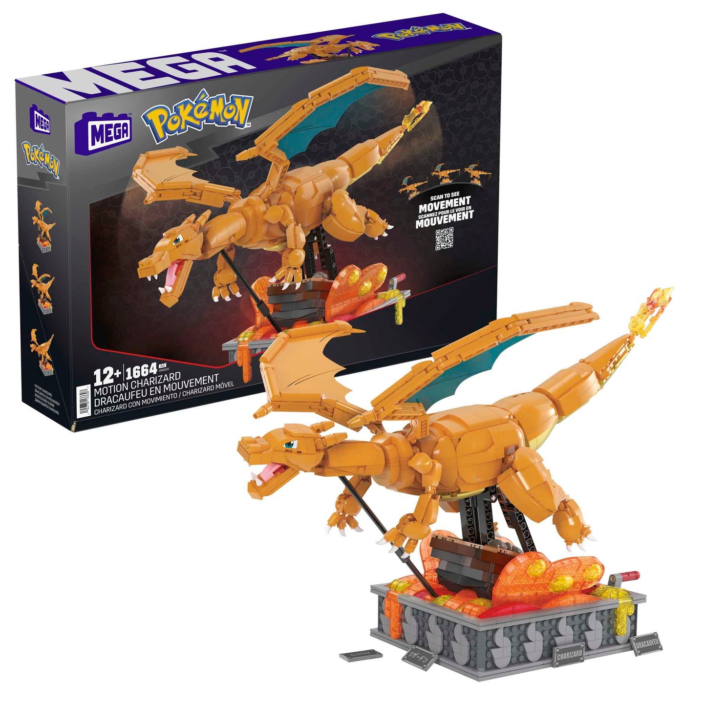 Mega Pokémon Building Toys Set Motion Charizard With 1664 Pieces And Wing Movement, For Adult Collectors