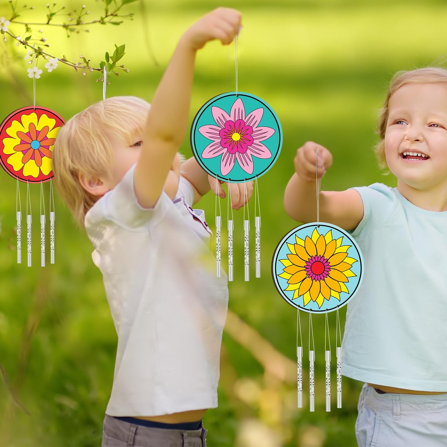 Silipull 24 Sets Flower Wind Chimes Craft for Kids Back to School Color Your Own Windchime DIY Unfinished Wood Hanging Ornament