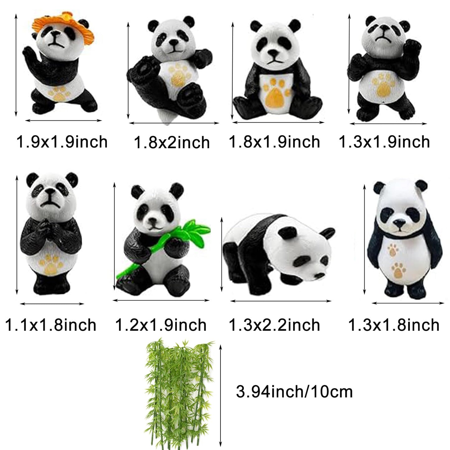 Pinenjoy 8Pcs Miniature Panda Figurine with 10Pcs Bamboo Resin 2inch Mini Animals Landscape Decoration for DIY Fairy Garden Doll