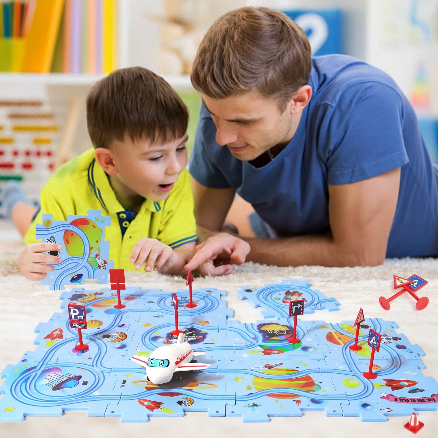 Xazastov Plastic Floor Puzzles For Kids With Airplane Toy Car, Puzzle Track Car Play Set, Educational Toys For 2 3 4 5 6 Year Ol