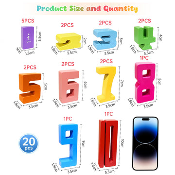GUKAZH Wooden Number Building Blocks 20 Pcs Stacking Toys for Kids, Math Learning Tool for Students, Digital Building Blocks 1-1