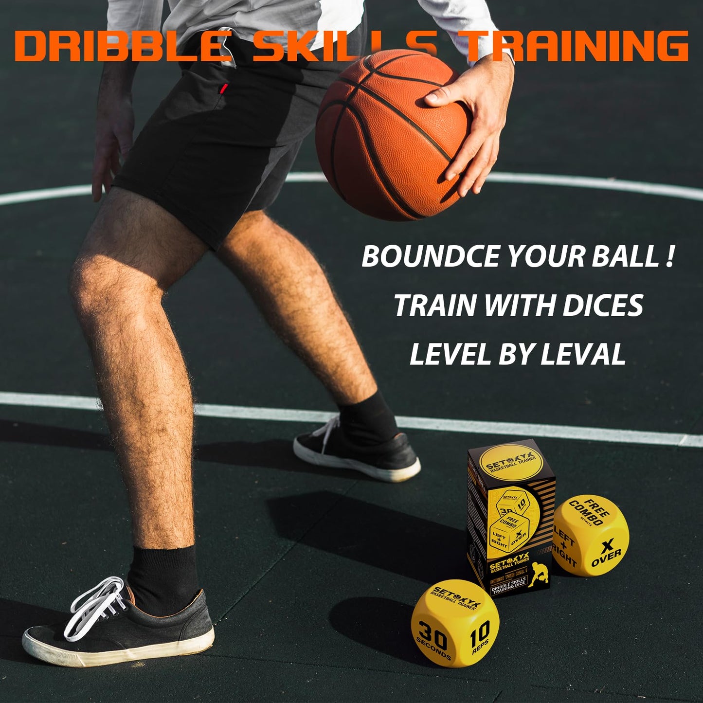 SETOXYX Basketball Dribble Skills Dice Set - Rubber Training Equipment for Beginners - Yellow, Perfect for Gifts and Party Favors
