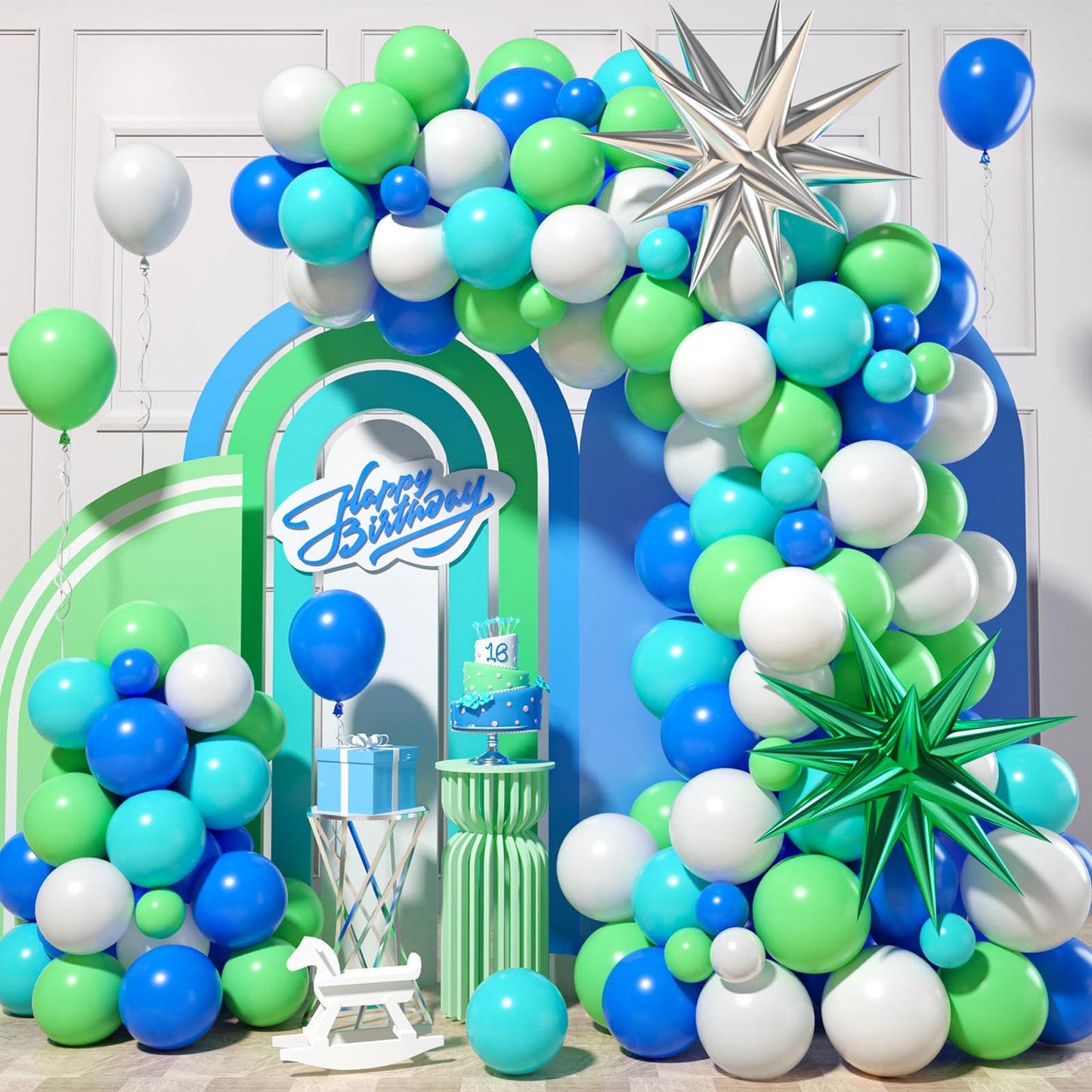 Blue Green White Balloon Arch Kit, Blue Green Balloon Arch With Green Blue White Latex Balloons, Green And Silver Star Foil Ball