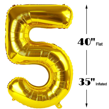 Gold 40 Inch Large Number 5 Birthday Balloon, Five 5Th 15 25 35 50 55 Birthday Celebration Decorations, Foil 5 Mylar Helium Numb