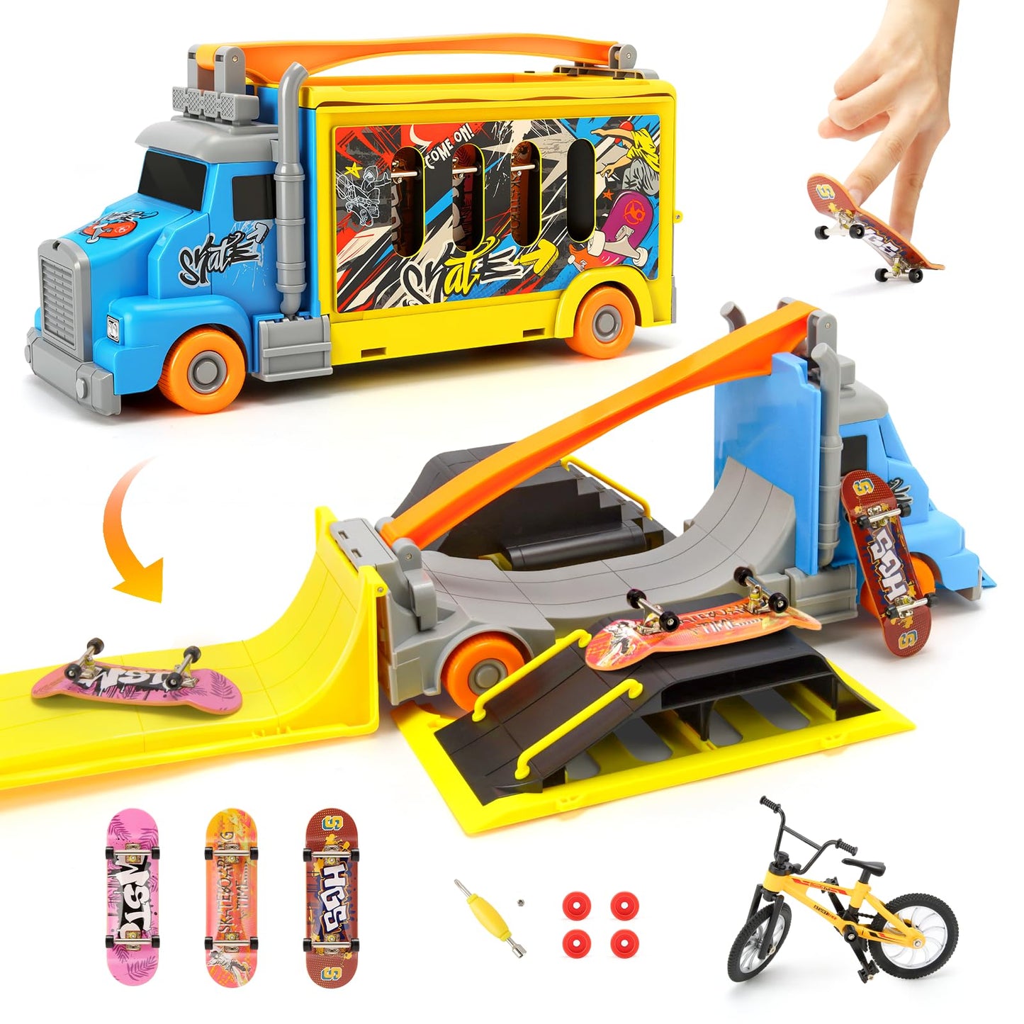 Hestiasko Finger Skateboard Park Set, 2-in-1 Transforming Truck Vehicle with 3 Fingerboards, Finger Bike, Ramps, Storage Case,Mi