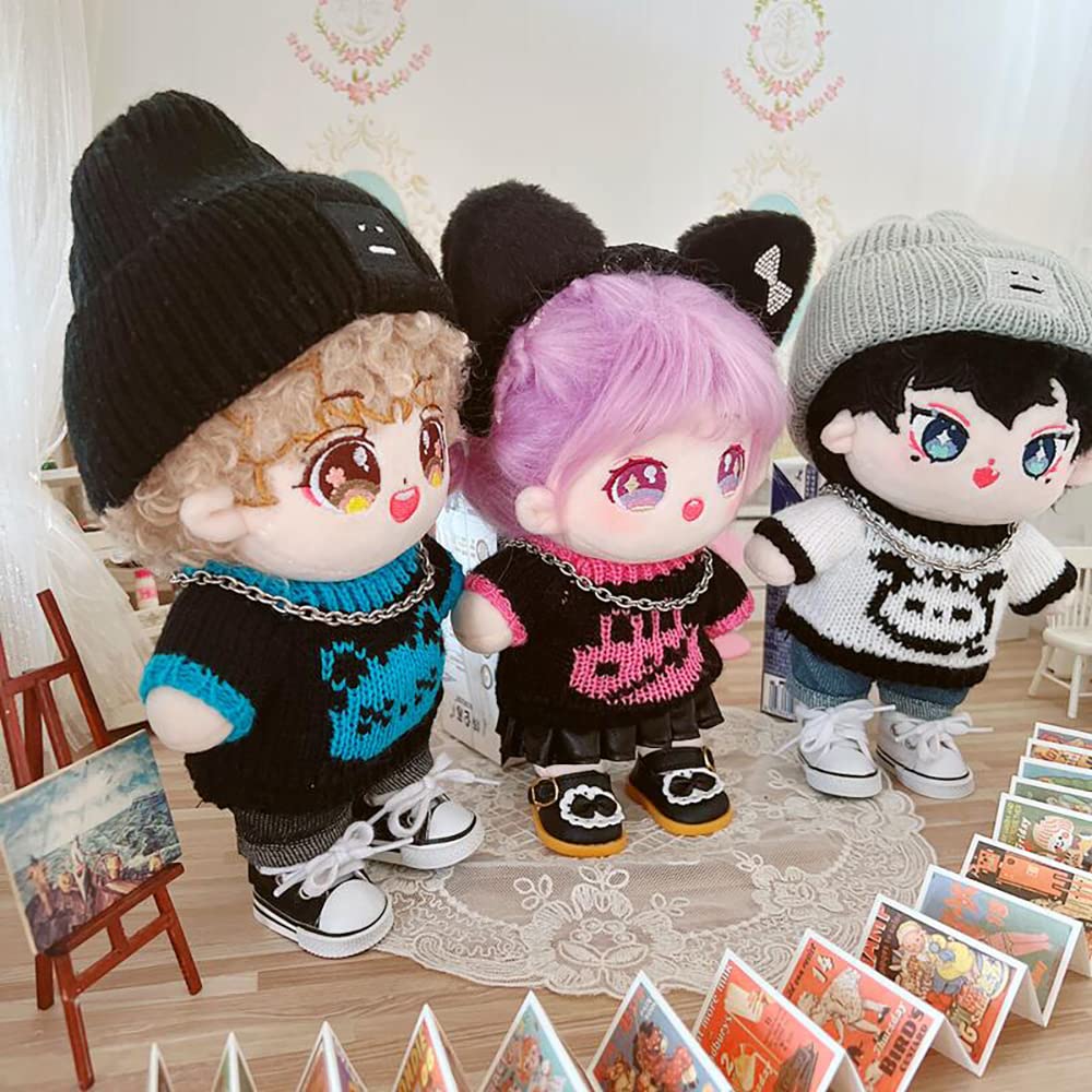 Niannyyhouse 20Cm Plush Doll Clothes Hat Kitten Sweater Flanging Jeans Kpop Doll Clothing (Black+Blue)