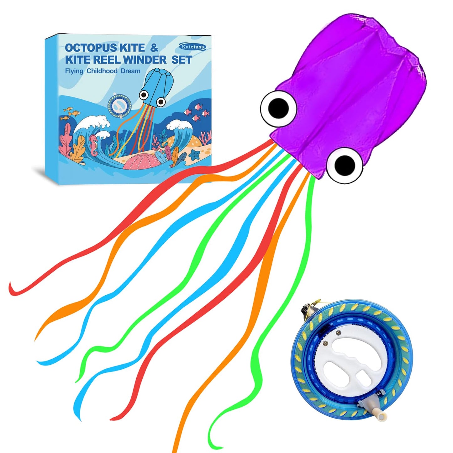 Kaiciuss Octopus Kite & Kite Reel Set, Easy To Fly For Beach Trip, Nice Winder For Kids & Adults, Single Line Frameless Style Wi