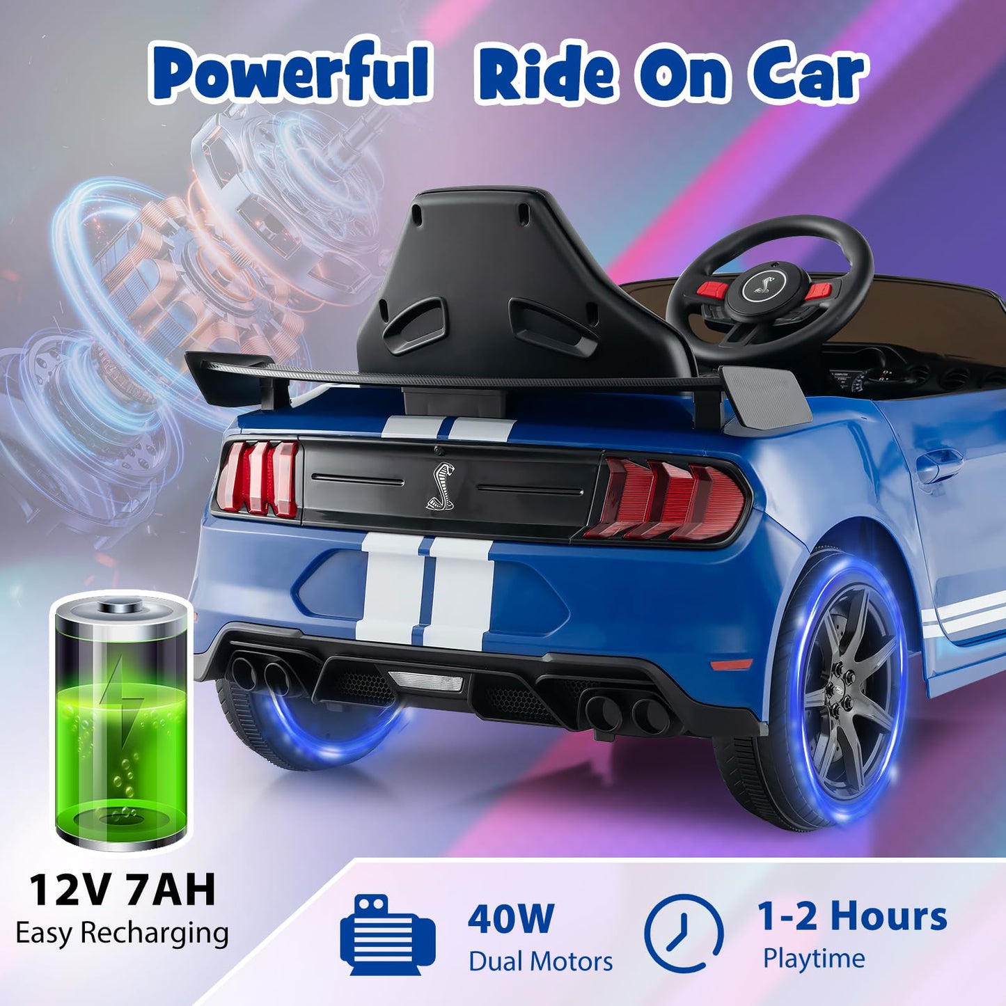 Costzon 12V Ford Mustang GT500 Ride-On Car for Kids, Blue, Large, Remote Control, USB, Radio, High/Low Speed, Soft Start