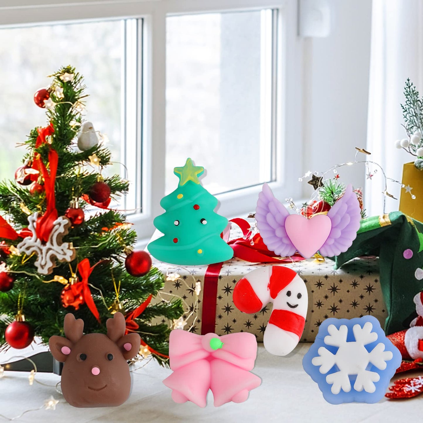 KINGYAO Squishy Fidget Toys, Mini Mochi Squishies 24 Pcs Party Christmas Mochi Favors for Kids Kawaii Snow Man Squishy Stress Re