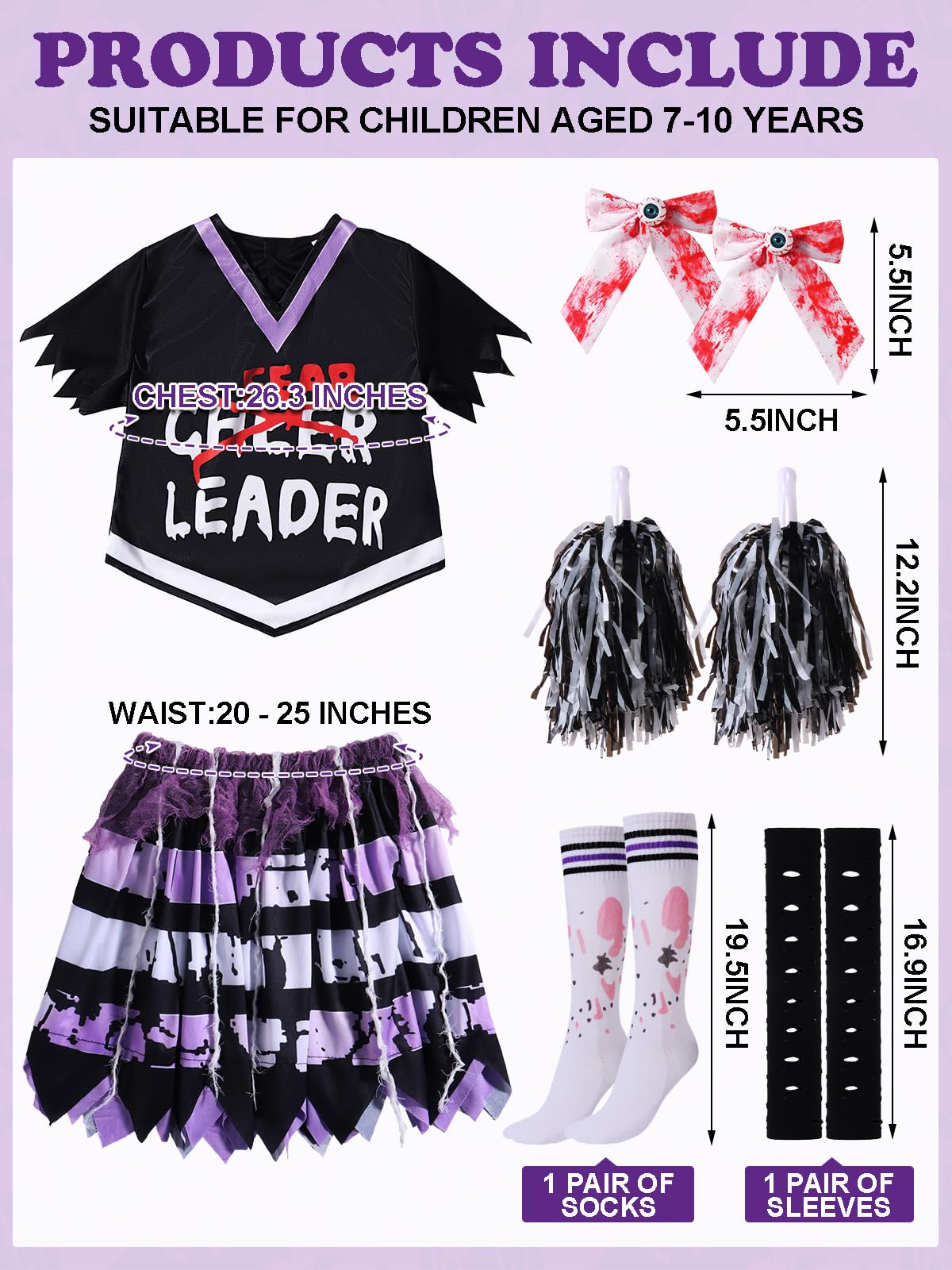 Zombie Cheerleader Halloween Costume For Girls, Bloody Scary Dead Cheerleader Costumes For Make Up Party For Kids Age 8-10, Disf