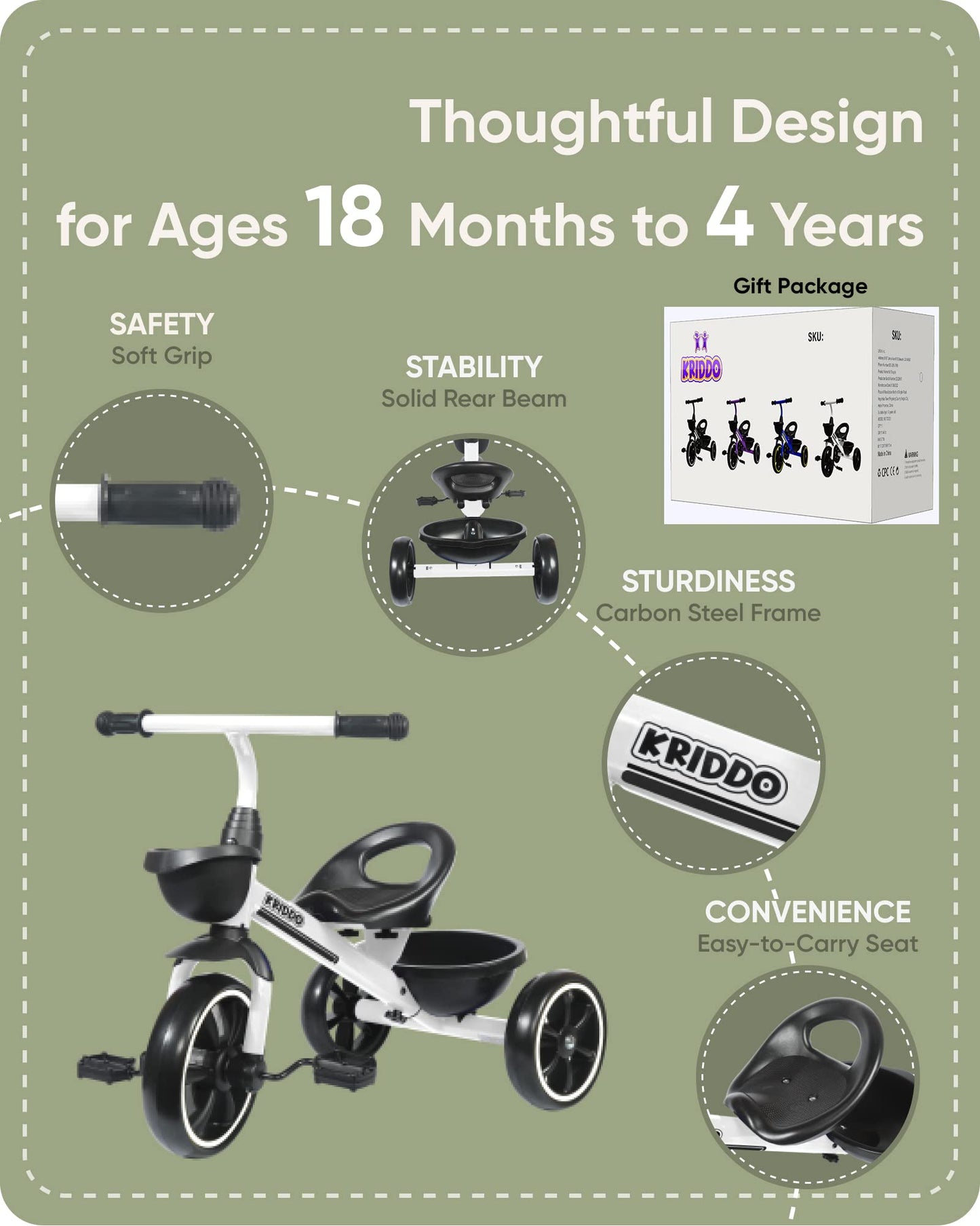 Kriddo Kids Tricycles Age 24 Month To 5 Years, Toddler Kids Trike For 2.5 To 5 Year Old, Gift Toddler Tricycles For 2-4 Year Old
