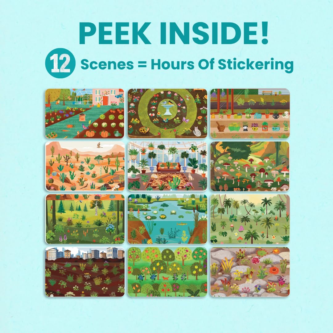 CUPKIN Sticker Book for Kids - Plants & Mushroom Theme, 500+ Stickers, 12 Scenes, 12 Coloring Pages, Ages 2-8
