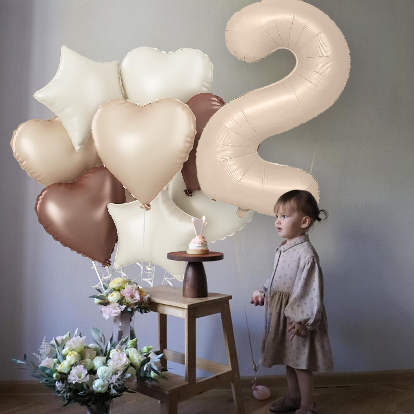 5 Balloons Beige Apricot, Cream Nude Brown Taupe Sand White Heart Number 5 Balloons Decor, Neutral Tan Foil Helium Star Balloons
