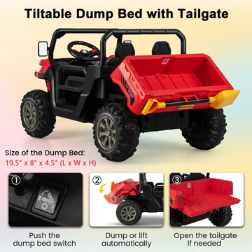 Costzon Ride On Dump Truck With Remote Control, 12V Electric Kids Utv W/Electric Dump Bed, Rocking Function, Shovel, 4 Spring Suspensions, Wireless Design, 2-Seater Ride On Car Gift For Kids (Red)