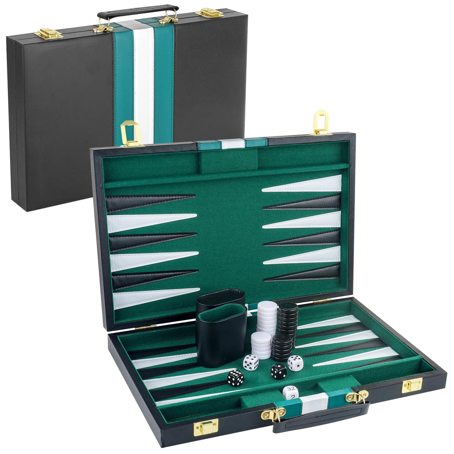 RERIVER Backgammon Set for 2 Players - Classic Green Leatherette Case, 15 inch Portable Travel Board Game