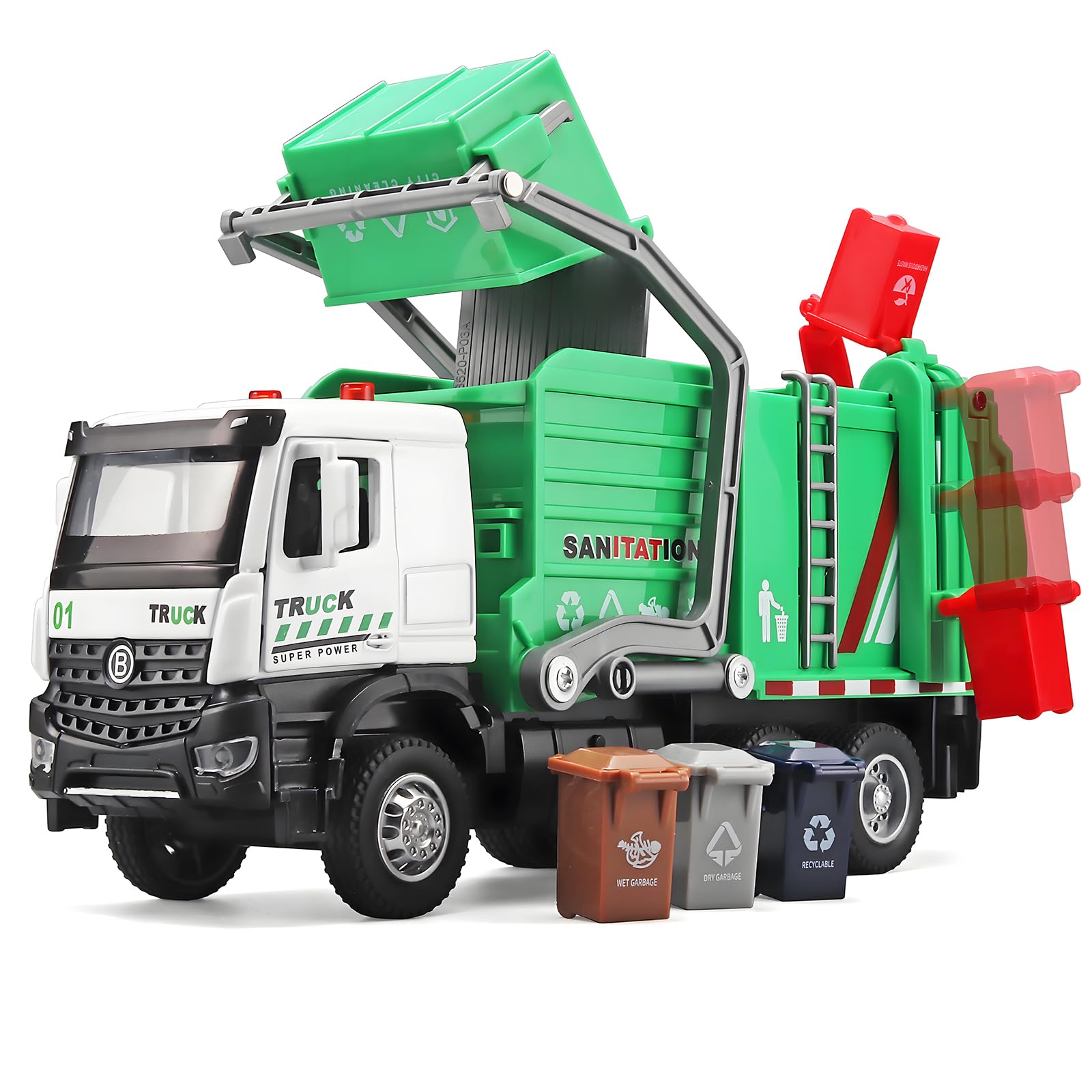 NOVAFUSION Garbage Truck Toys for Boys,Toy Garbage Truck Metal Diecast Cab,Pull Back Garbage Truck with Lights and Sounds,Front 
