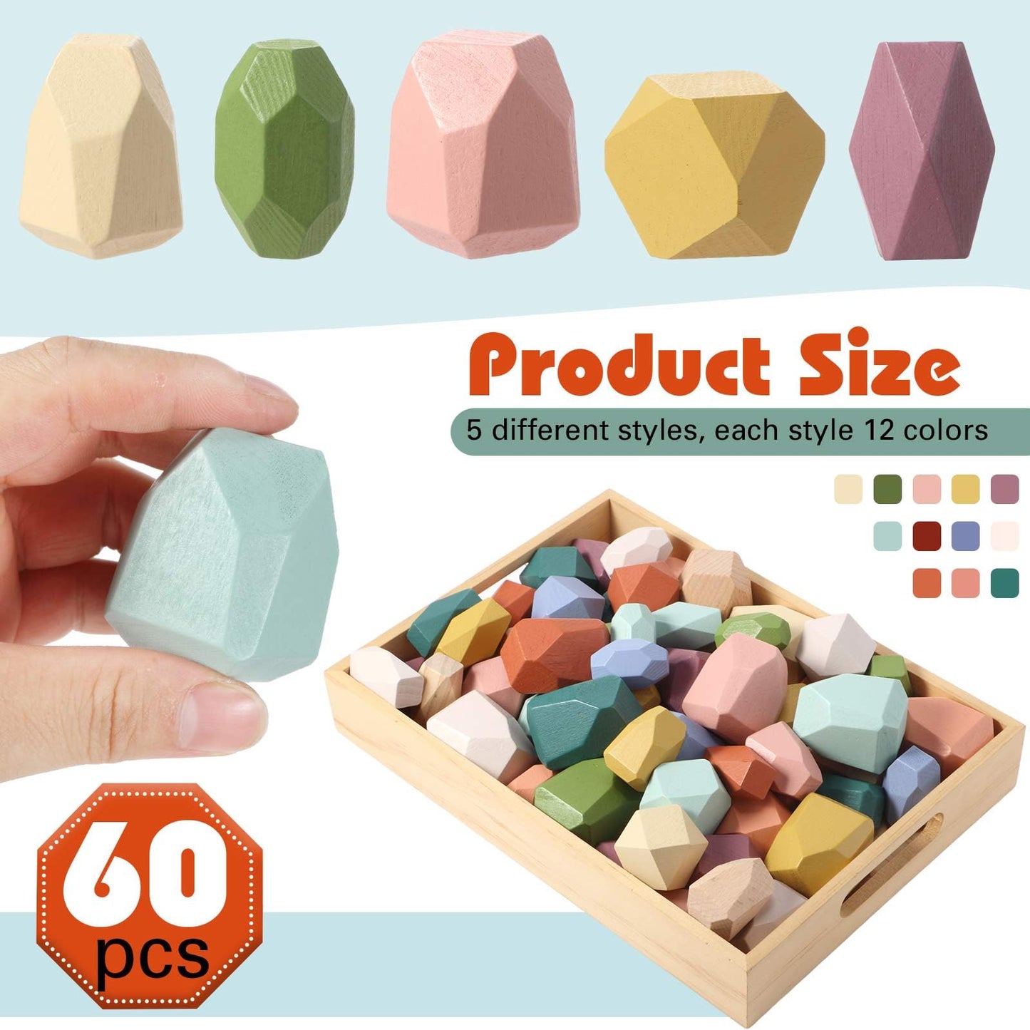 Jenaai 60 Pcs Stacking Rocks Montessori Toys For 1+ Year Old Colorful Wooden Balance Stones Baby Easter Basket Stuffers Blocks S