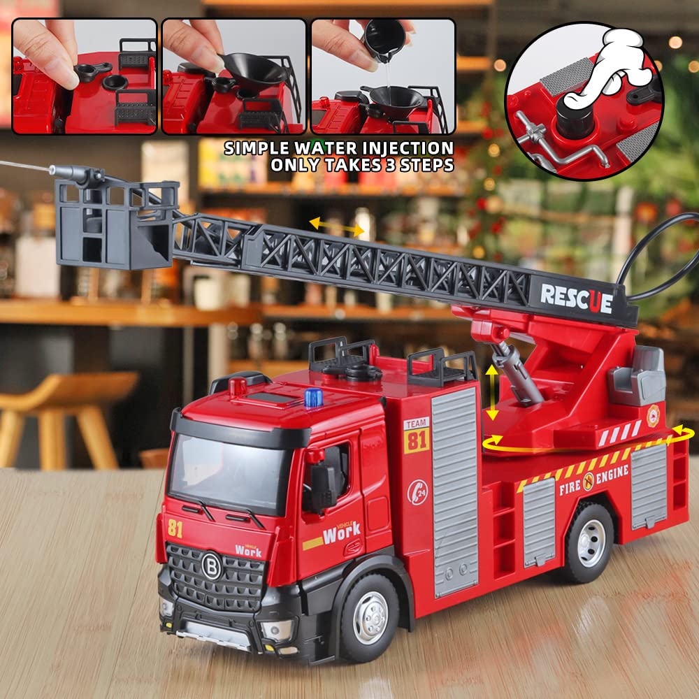 OANMYJJO Boy Fire Truck Toy - Metal DieCast Fire Truck Model with Water-Spraying, Simulated Sound and Light, Retractable Rescue