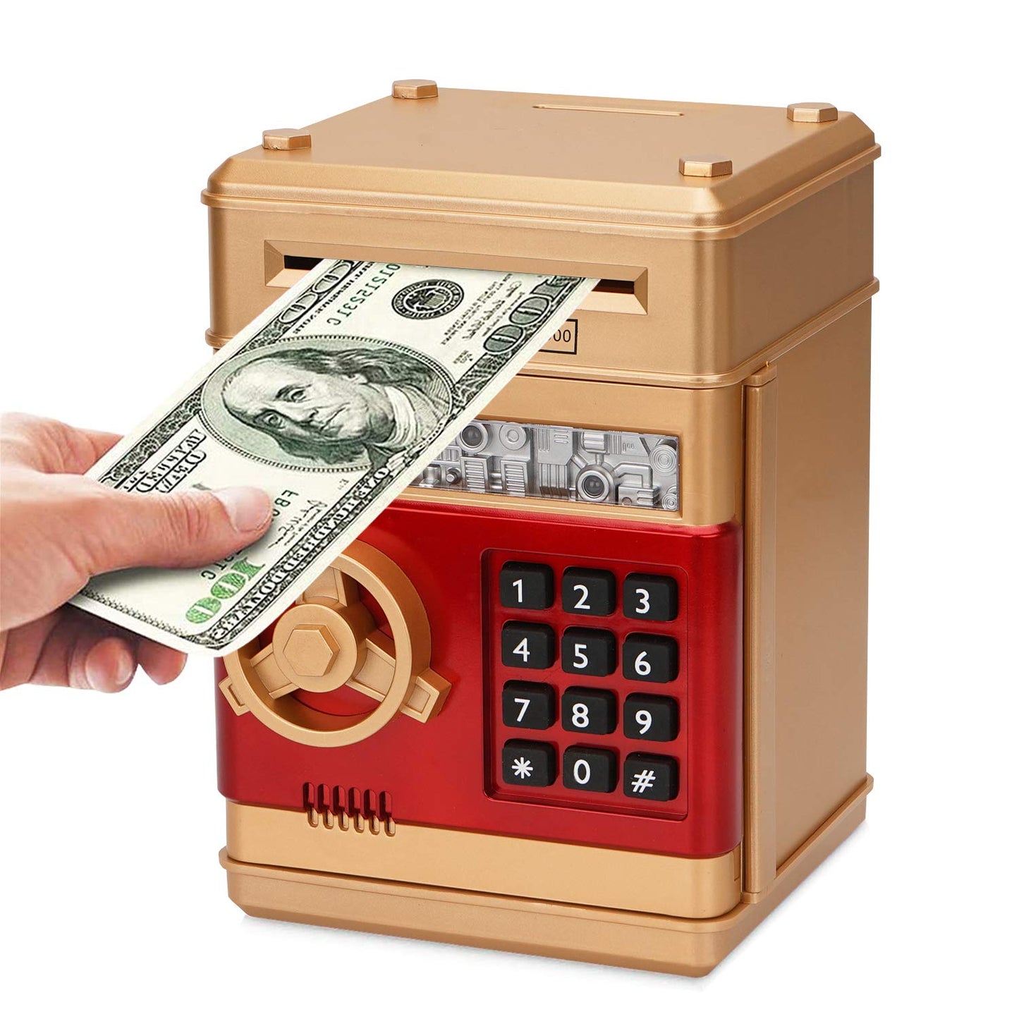 Adevena Electronic Piggy Bank, Mini Atm Password Money Bank Cash Coins Saving Box For Kids, Cartoon Safe Bank Box Perfect Toy Gifts For Boys Girls (Gold)