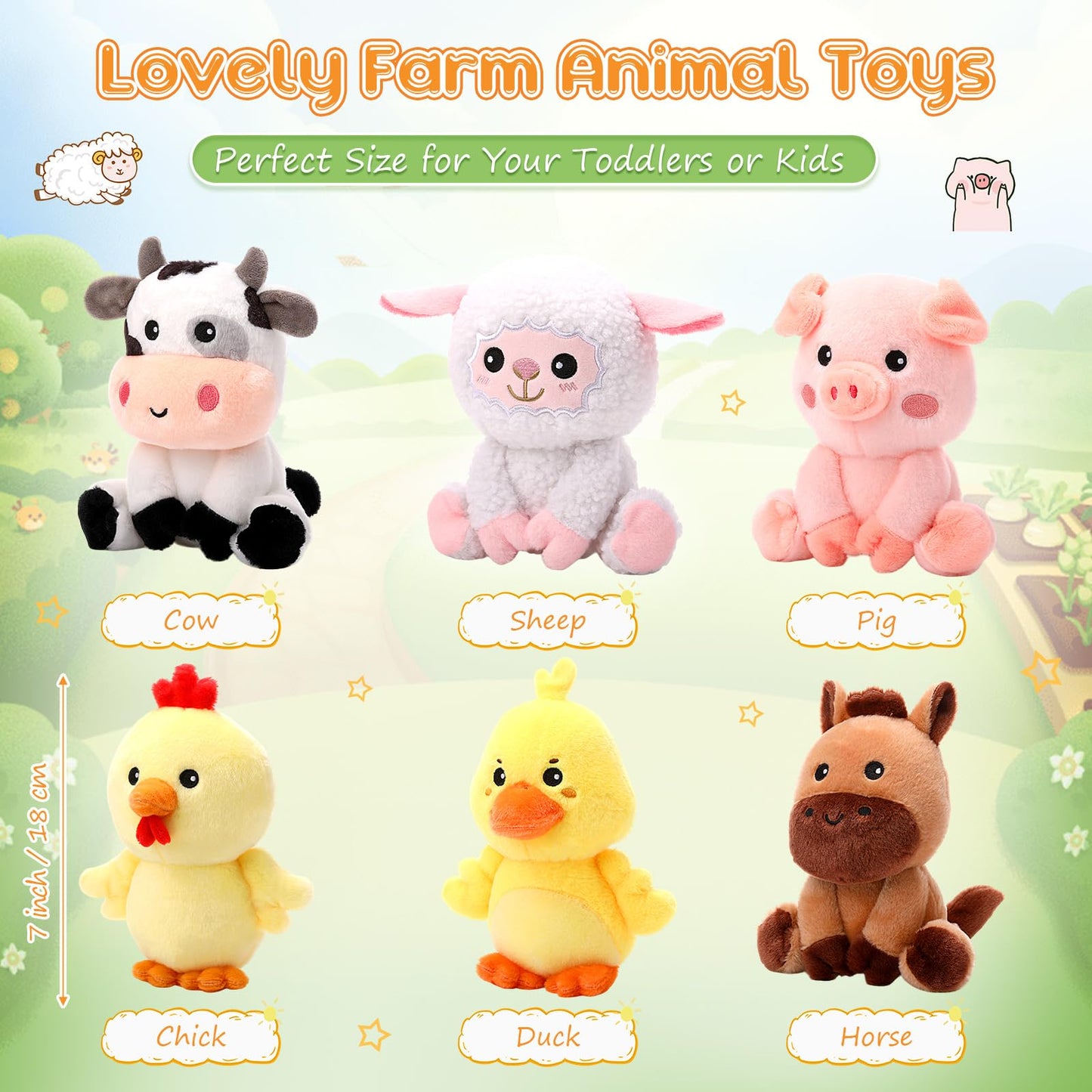 Roundfunny 6 Pcs 7 Inch Farm Animal Cute Plush Toys Set Horse Sheep Cow Duck Chick And Pig Stuffed Animals Gifts For Baby Shower