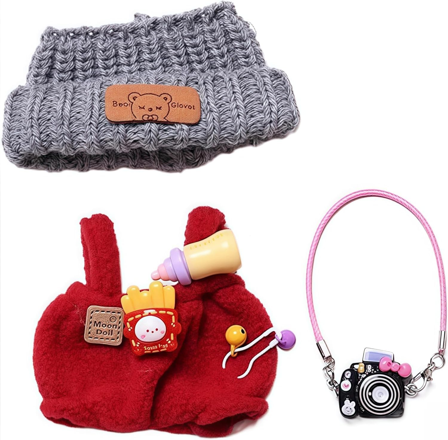 Designer Clothes for 15cm/17cm Lebubu Dolls  enhanced Lububu Doll Knit Outfit Accessories with Red Sweater Overall  Black Camera and Beanie  DDK-Red