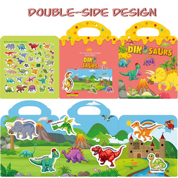 Ruson Reusable Sticker Book For Kids, 2 Sets Educational Learning Toys Travel Stickers Activity Books For Toddler Girls Boys Age 3+ Birthday Gifts - Vehicle & Dinosaur