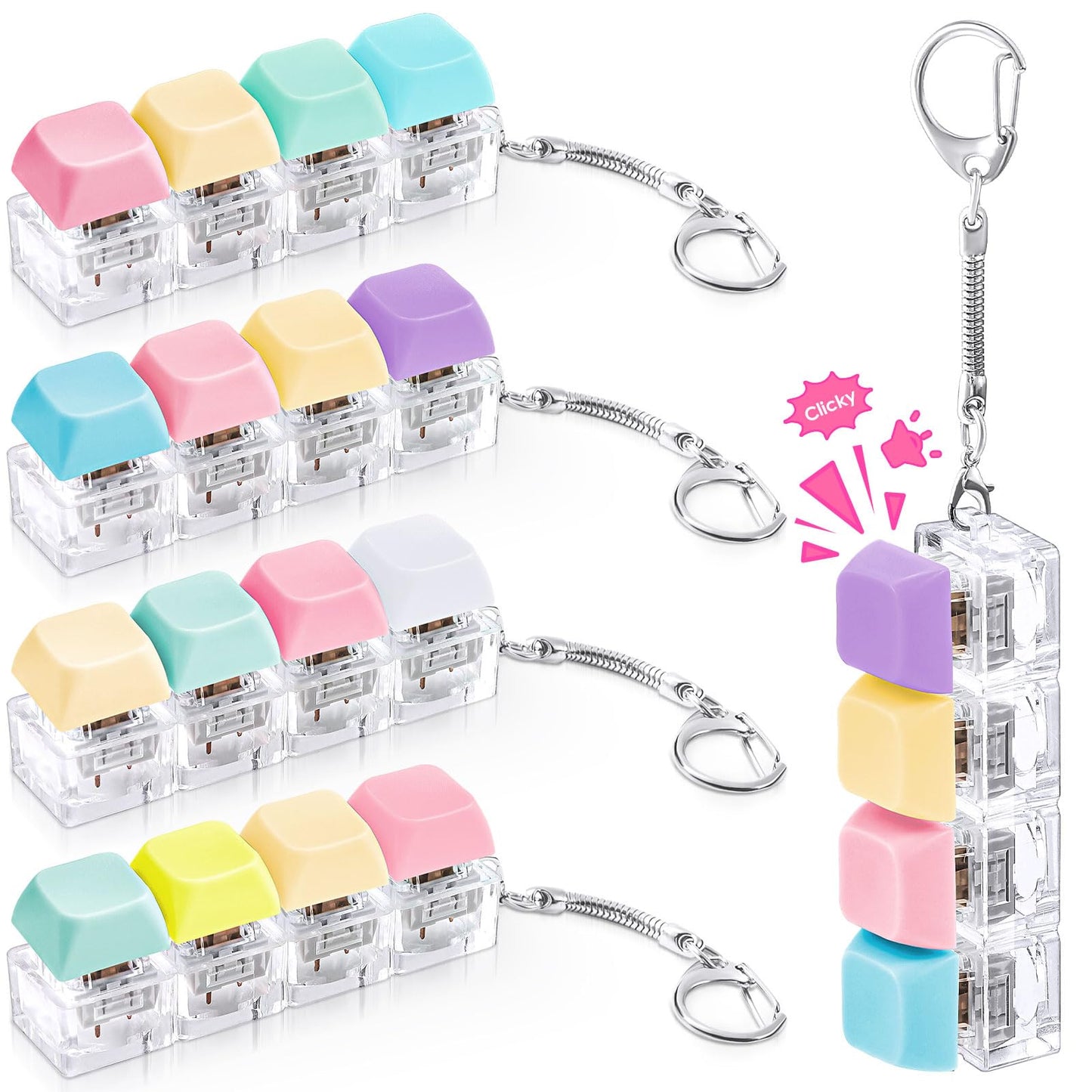 Halloscume 4 Pcs Keyboard mature-themed Fidget Toy Clicker Toy 4-in-1 Keyboard Fidget Keychain Cube Mechanical Key Button Clicker Stress Relief Gift for Office School Home to Pass The Time (Pastel Colors)